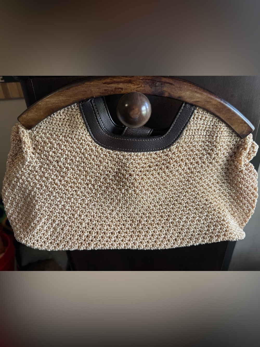 Vintage Beige Woven Stiff Crotchet Handbag Clutch With Leather Handles By Ego